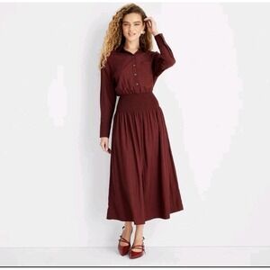 Future Collective NWOT Medium Burgundy Smocked Waist Midi Shirtdress Long Sleeve